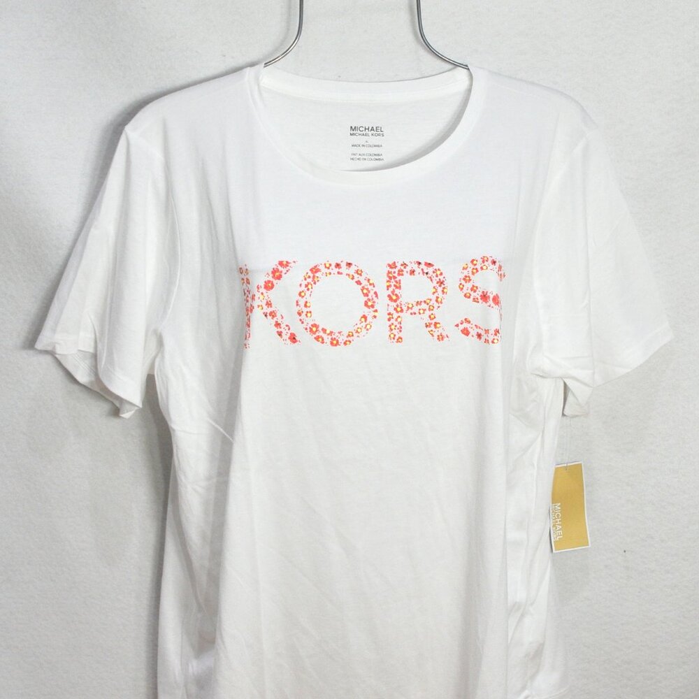Share Michael Kors Women's Blouse XL White Sangria Gold MK Logo Short Sleeve Top